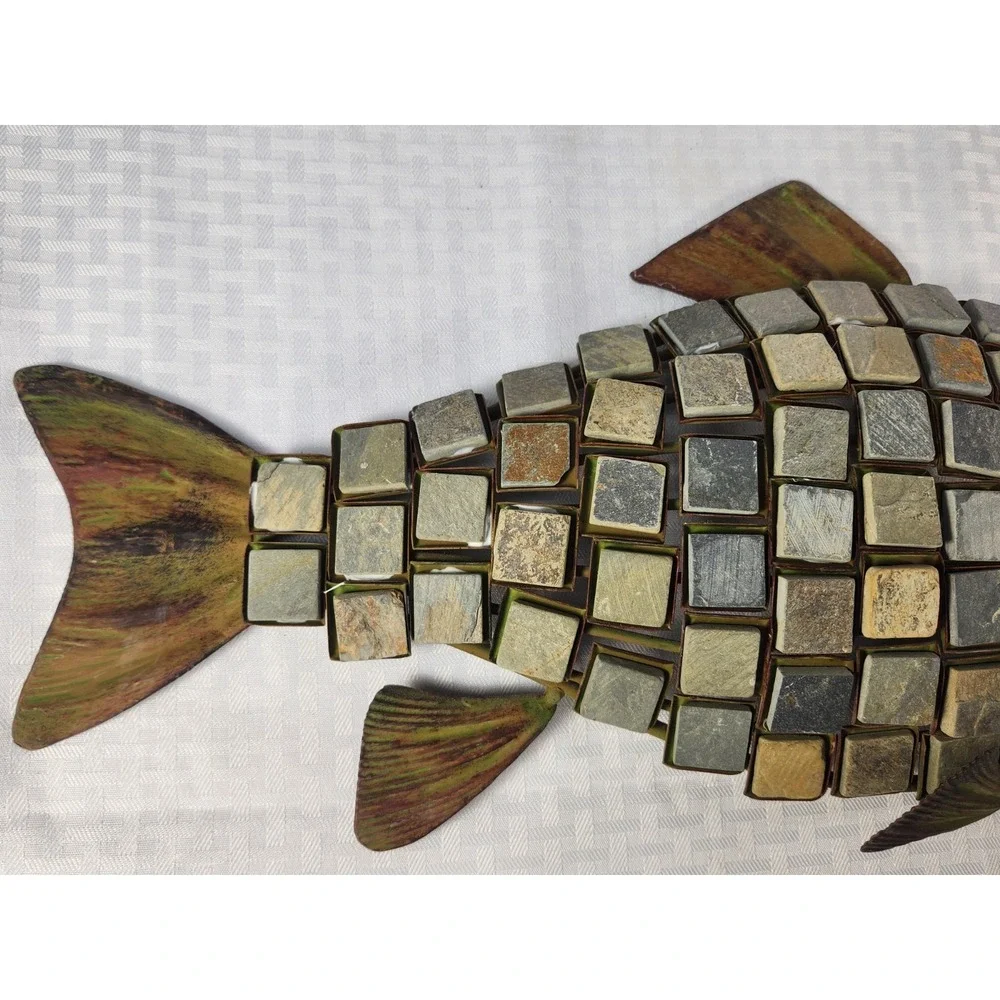 Metal Mosaic Fish Decorated with Inlaid Mosaic Stone Tiles 18x11